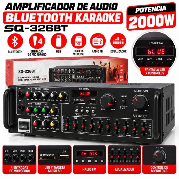 &ua PARLANTE AMPLIFICADOR BLUETOOTH PARA HOGAR 100W SQ-326BT